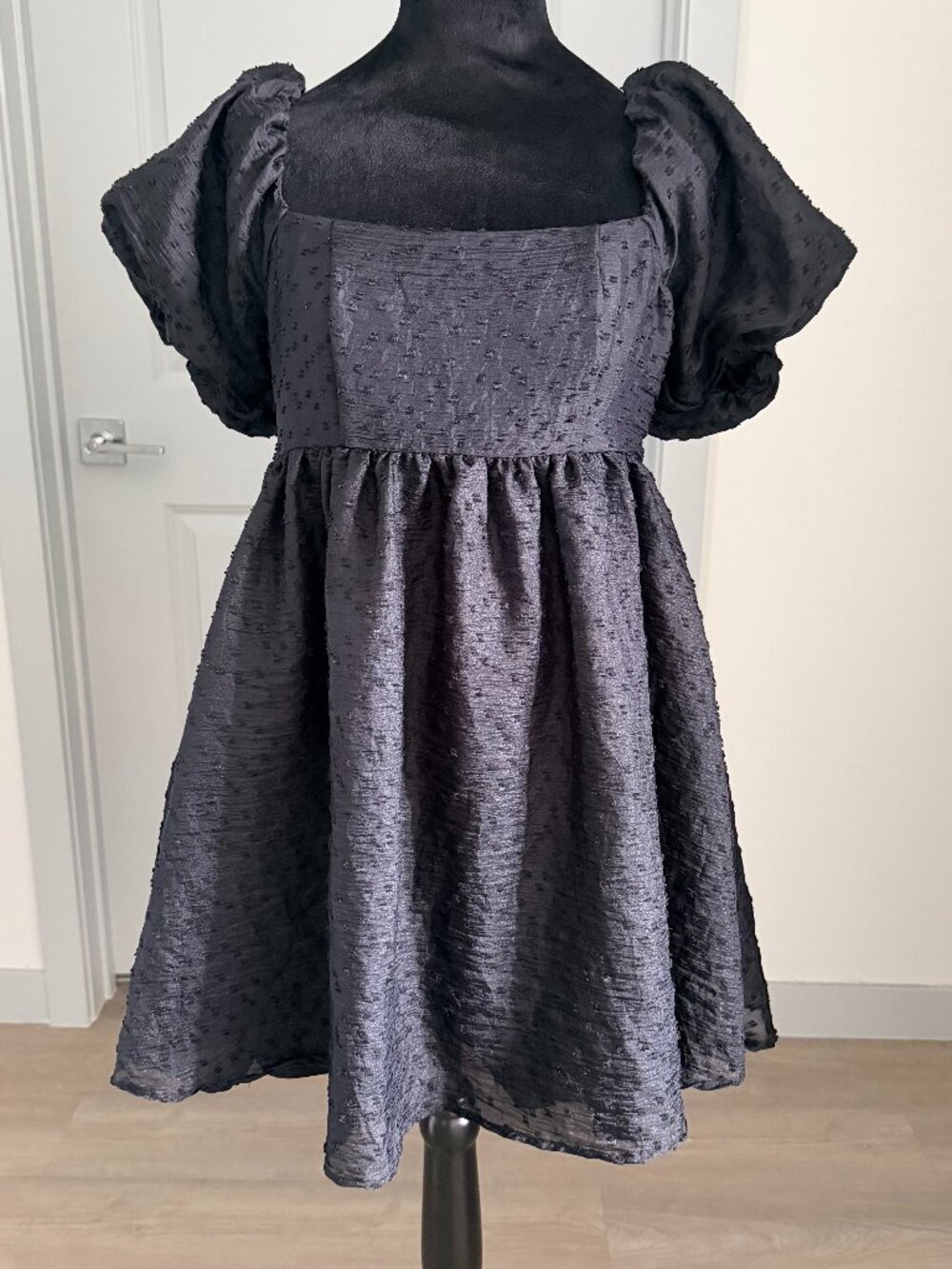 Womens Black Whimsigoth Puff Sleeve Babydoll Mini Dress Y2K Dark Coquette Sz M
